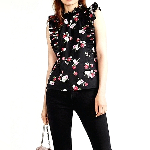 Express Floral Ruffle High Collar Sleeveless Top Size Medium - Picture 1 of 12